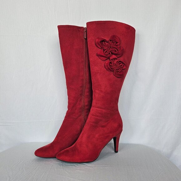 Shoes - Red Velour Knee-High Women's Boots with Rose/Flower Accents, Size 6M